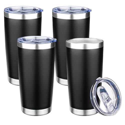 20oz Tumbler with Lid Double Wall Vacuum Insulated Travel Coffee Mug Stainless Steel Thermal Cup Powder Coated Sturdy Coffee Tumbler Bulk for Hot and Cold Beverage (4 Count)