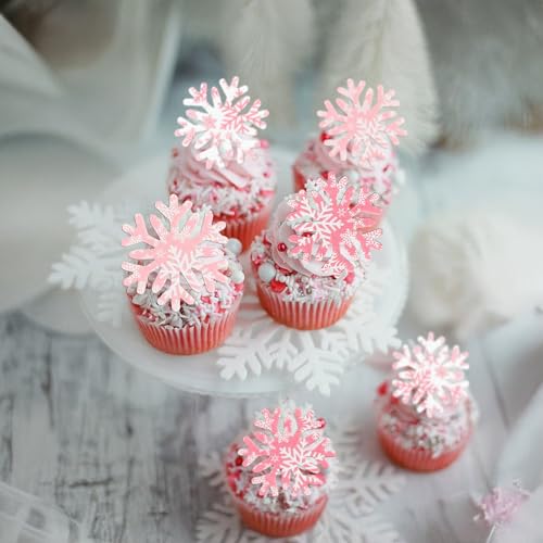 50Pcs Edible Snowflake Cupcake Cake Toppers Wafer Paper Snowflake Cake Decorations for Christmas Winter Frozen Theme Party Supply Decoration Multi Pink (60 Count)