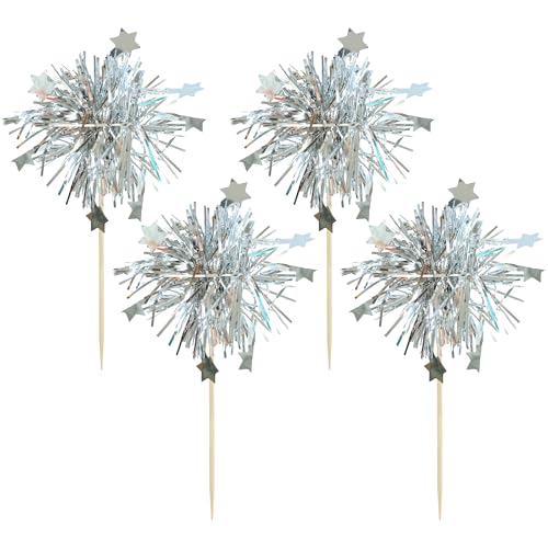 30Pcs Foil Firework Cupcake Toppers Sparkle Tinsel Star Cake Toppers Tinsel Drink Cake Decoration Cocktail Picks for Birthday Wedding Graduation Party Supplies Silver (30 Count)