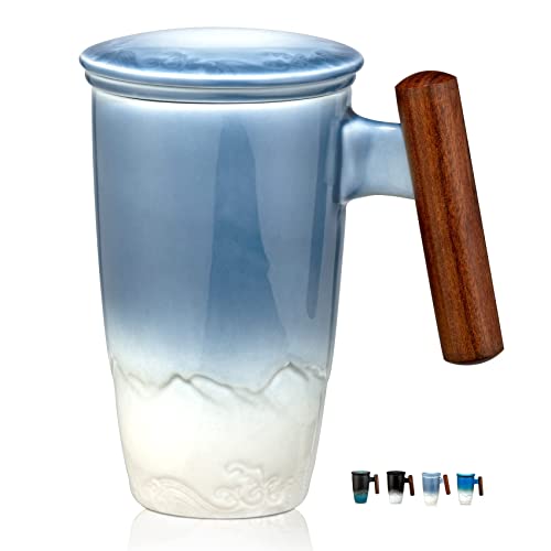 Tomotime Tea Cup with Infuser and Lid 400ml Ceramic Tea Mugs Smooth Inner Wall Wooden Handle 13.5 oz