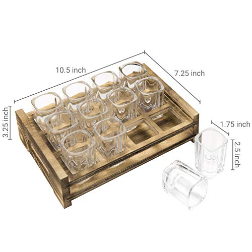 Square Shot Glasses with Burnt Wood Serving Tray