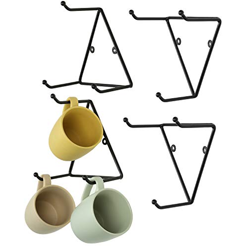 Matte Black Metal Triangular Coffee Mug Holder Wall Mount Display Rack Mug Organizer with 3 Hooks (4 Count)