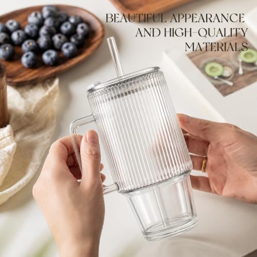 24oz Ribbed Glass Cup with Lid & Straw