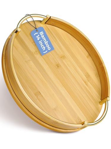 14″ Round Bamboo Serving Tray with Handles