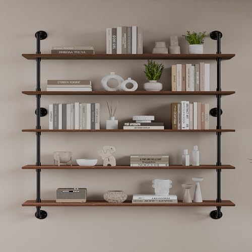 Floating Shelves for Wall Bookshelf Industrial Pipe Shelving Shelves 48 Inch 5 Tier Natural Wood Planks Rustic Wall Shelves Hanging Bookshelves Farmhouse Kitchen Shelving (5 Count)