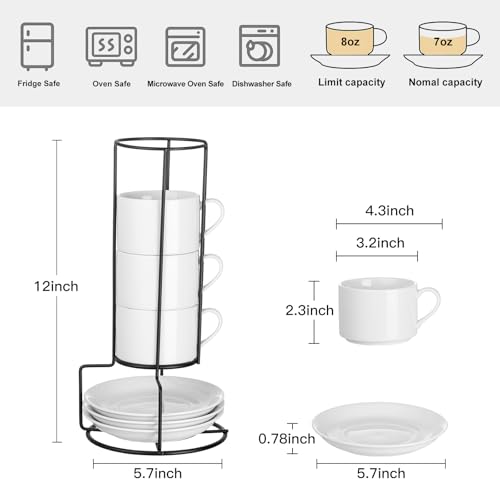 8 OZ Stackable Cappuccino Cups with Saucers and Metal Stand Set of 4 (4 Count)