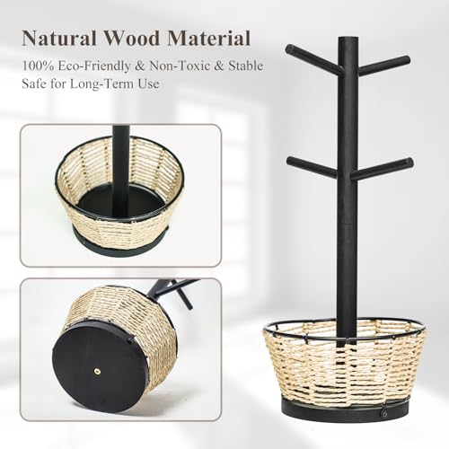 Wood Mug Holder Tree With Woven Basket