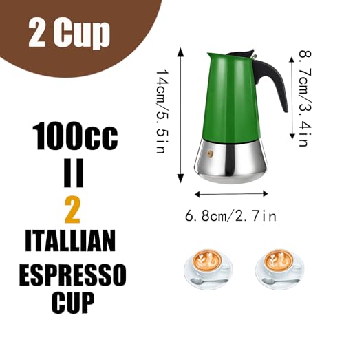 2 Cup Stovetop Espresso Maker Stainless Steel Moka Pot Stove Top Percolator Italian Coffee Makers Capable Mocha Greca Machine Cafe Classic Induction Cookers for Home and Camping 100ml 3.3oz