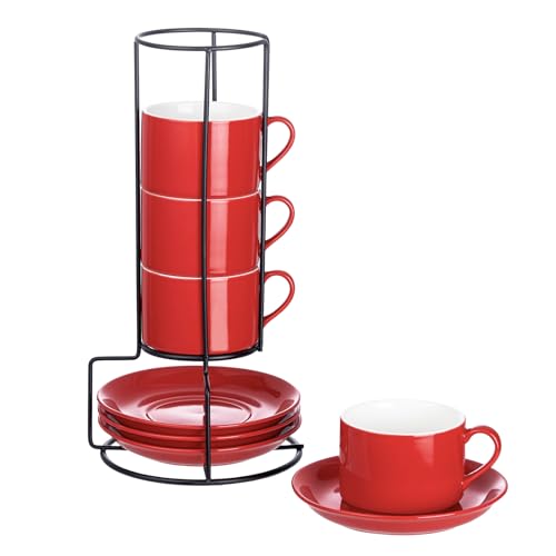 8 OZ Porcelain Stackable Cappuccino Cups and Metal Stand Set of 4 (4 Count)