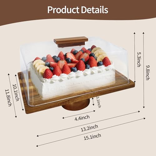 Acacia-Wood-Cake-Stand With Acrylic Lid, Rectangular Cake Plates Charcuterie Board With Cover, 2-in-1 Cake Holder With Dome，Dessert Table Display Stand For Cheese, Chips & Dips, Nachos, Fruit Platter