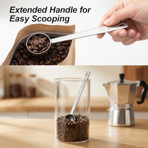 2PCS Coffee Scoop for Ground Coffee Stainless Steel Measuring Spoons Long Handle 30ml 6.4in and 15ml 5.7in Set for Deep Jars Beans Protein Powder Flour