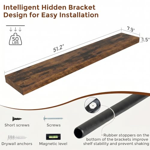 51 Inch Floating Shelves for Wall 8 Inch Deep Rustic Brown Shelves Set of 2