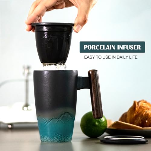 Ceramic Tea Cup with Infuser and Lid Tea Mugs Wooden Handle 400ml