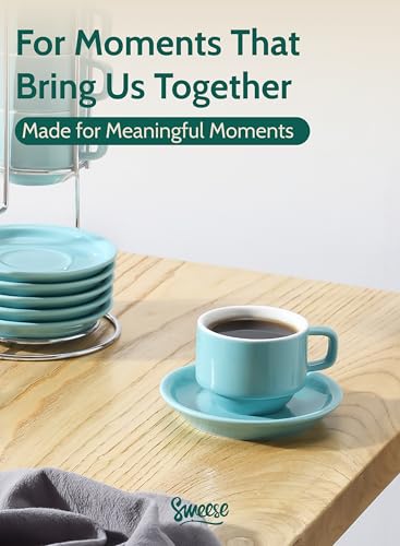 4 Ounce Porcelain Stackable Espresso Cups with Saucers and Metal Stand Set of 4 (4 Count)