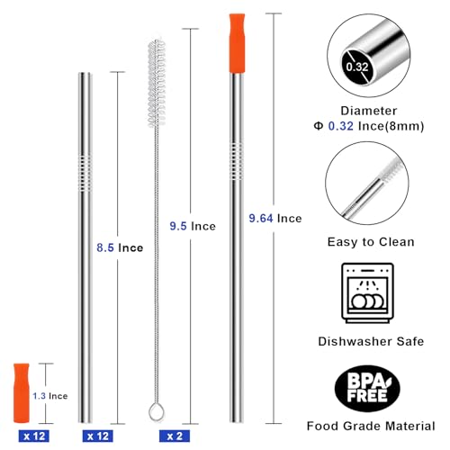 Newly Upgraded 8.5In Reusable Stainless Steel Straws Set 12 PCS with 12 Silicone Tips (12 Count)