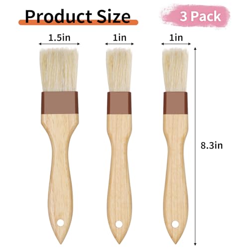 3 Pack Natural Bristle Pastry Brush for Basting Baking Cooking Food