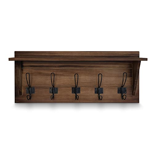 Rustic Brown Solid Wood Wall Mounted Coat Rack with Shelf
