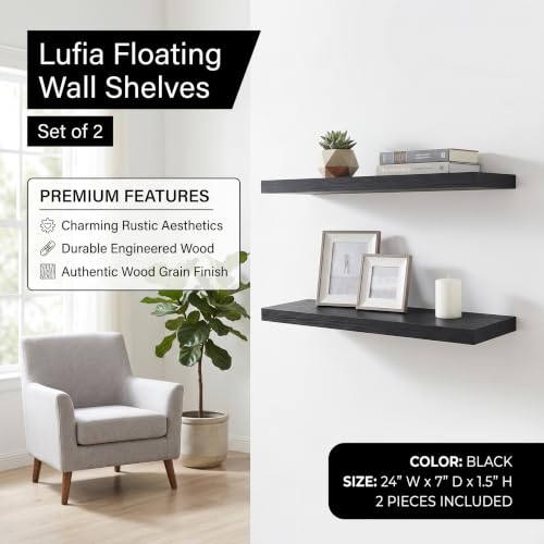 Set of 2 Black MDF Floating Wall Shelves with Hidden Brackets (2 Count)