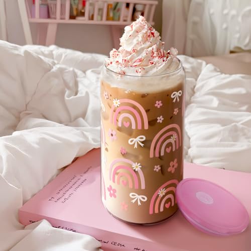 Rainbow 16oz Can Glass Tumbler with Acrylic Lid & Straw