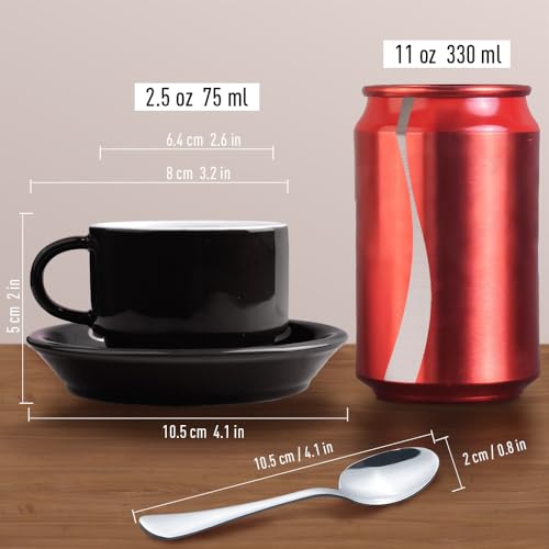 Premium Espresso Shot Cups and Saucers Set with Espresso Stainless Steel Spoons (6 Count)