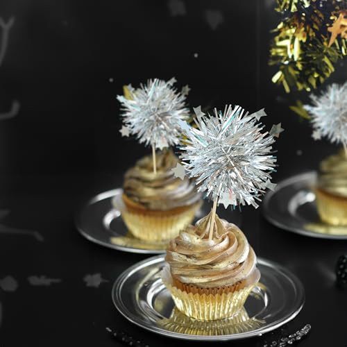 30Pcs Foil Firework Cupcake Toppers Party Birthday Cake Toppers Supplies Sparkle Tinsel Cocktail Fruit Toothpick for Birthday Wedding Graduation Party Silver (30 Count)