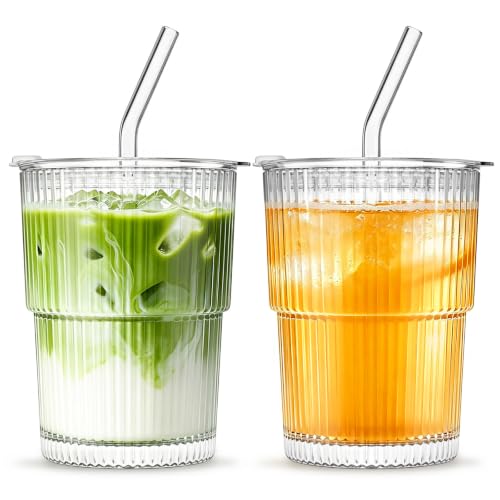 13oz Glass Tumbler with Lid and Straw 2 Pack