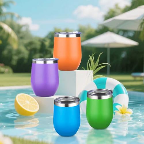 12oz 4 Pack Wine Tumbler Glasses with Lid Stemless Double Wall Vacuum Stainless Steel Travel Tumbler Keeping Cold & Hot for Wine (4 Count)