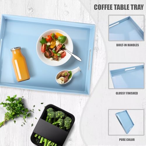 Blue Plastic Serving Tray with Handles for Coffee Table