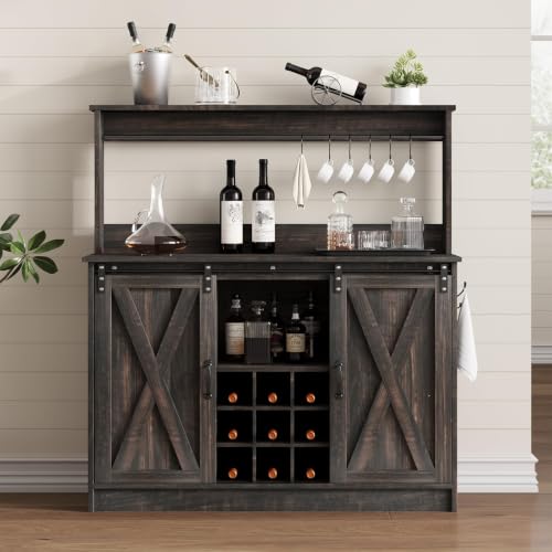 47" Coffee Bar Cabinet with Storage Hutch & Wine Rack