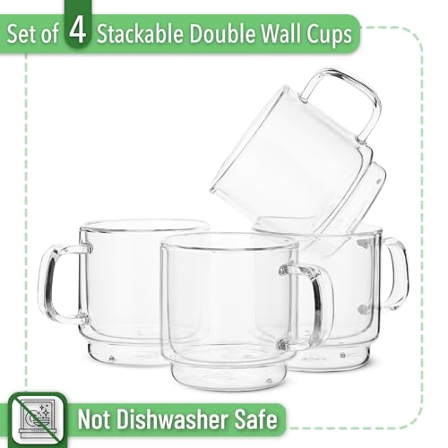 BTaT Double Walled Stackable Glass Coffee Mugs (4 Count)