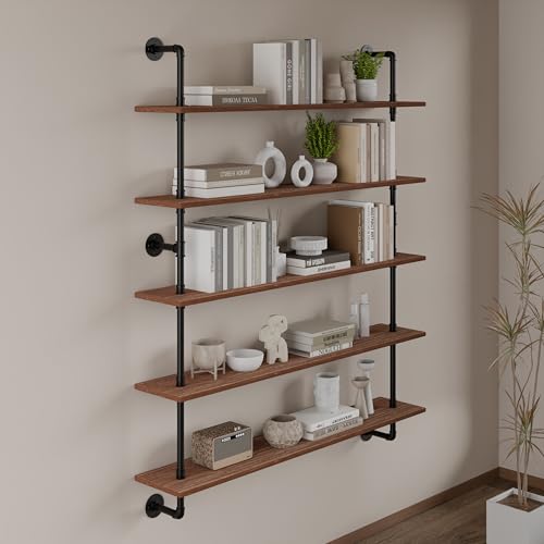 Floating Shelves for Wall Bookshelf Industrial Pipe Shelving Shelves 48 Inch 5 Tier Natural Wood Planks Rustic Wall Shelves Hanging Bookshelves Farmhouse Kitchen Shelving (5 Count)