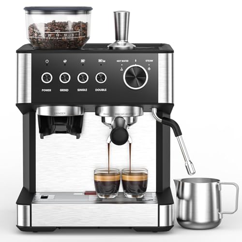 2026 Upgrade) Espresso Machine with Grinder, Expresso Coffee Machines with Built-in Anti-Clog Coffee Grinder/Milk Steam Wand/Frother, Expresso Machines for Home Perfect Cappuccino & Latte-Gloss Black