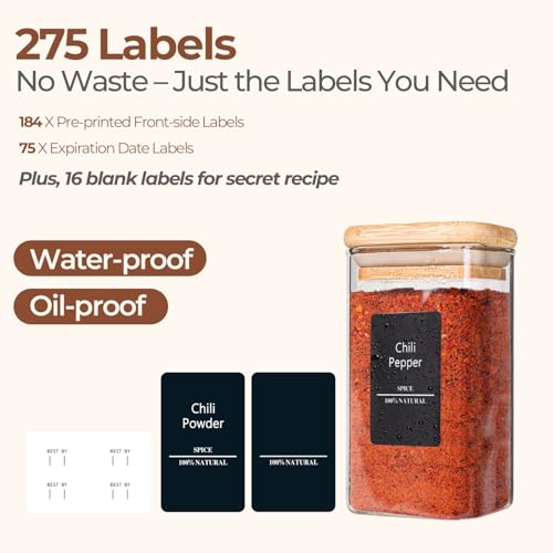Glass Spice Jars with Labels 10 oz 12 Pack Large Square Bamboo Lids (12 Count)