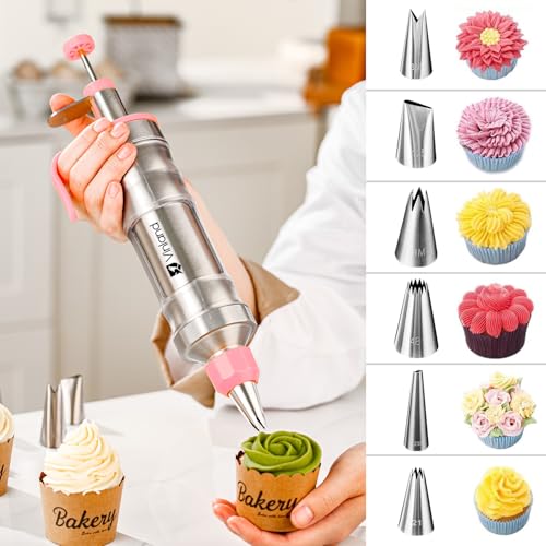Dessert Decorating Syringe Set Icing Piping Kit Frosting Piping Kit Stainless Steels Cake Decorating Kit with 10 food grade stainless steel piping tips & 50 Disposable Piping Bags (63 Count)