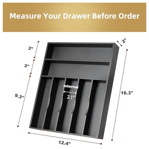 Bamboo Silverware Holder Drawer Utensil Organizer with 7 Slots Black
