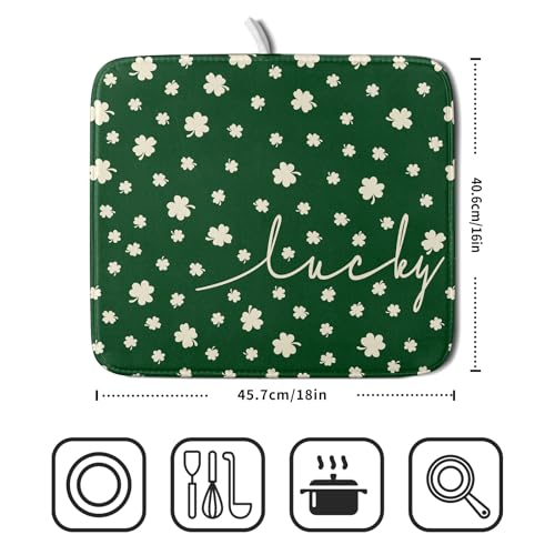 St Patricks Day Dish Drying Mat Green Lucky Clovers Dish Drainer Mats 16"x18" Shamrock Holiday Microfiber Reversible Dish Drying Rack Pad Protector for Kitchen Countertop Small Decor