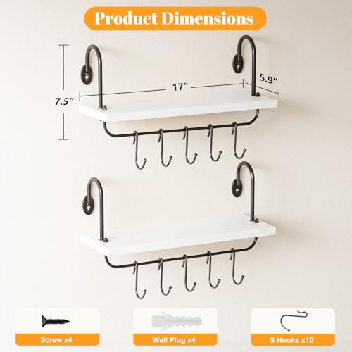 Floating Wall Shelves for Kitchen Bathroom Coffee Nook with 10 Adjustable Hooks for Mugs Cooking Utensils or Towel Rustic Storage Shelves Set of 2 (2 Count)
