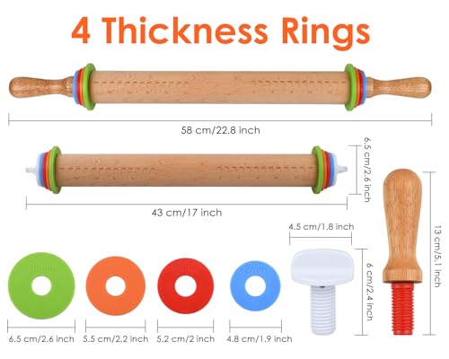 Rolling Pin with 4 Adjustable Thickness Rings and Long Handle 13.6 Inch Wooden Dough Roller for Baking