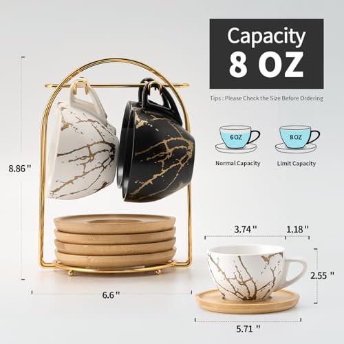 Ceramic Demitasse Espresso Cups Set with Saucers and Metal Stand (4 Count)