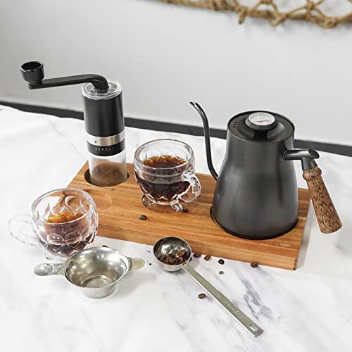 Pour Over Coffee Maker Set Chinese Tea Set Wooden Storage Tray Coffee Dripper Glass Server Coffee Scoop DIY Manual Pour Over Kit Black
