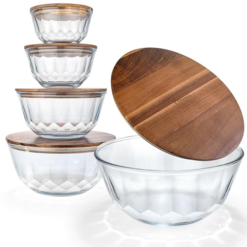 Large Stackable Glass Mixing Bowls with Acacia Lids Set of 5