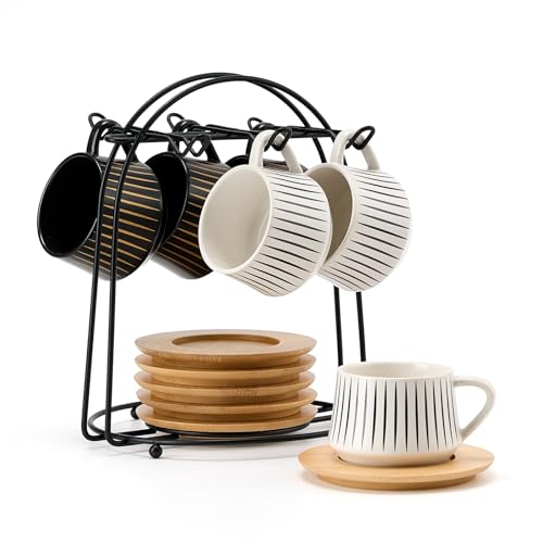 Ceramic Coffee Espresso Cups with Saucers Set with Metal Holder (7.6 Count)