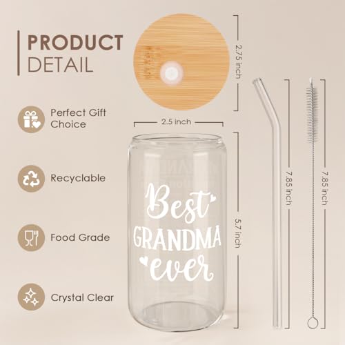 Grandma 16 Oz Can Glass Tumbler with Bamboo Lid and Straw