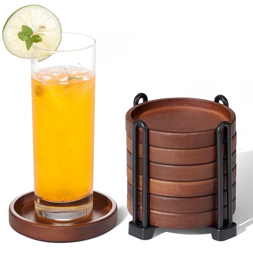 Set of 6 Wooden Coasters with Holder