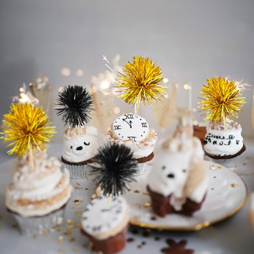 30Pcs Foil Firework Cupcake Toppers Sparkle Tinsel Cake Toppers Tinsel Drink Cake Decoration Cocktail Picks for Birthday Wedding Graduation Party Supplies Gold Black (30 Count)