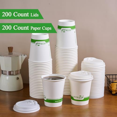 200 Count 8 oz Compostable Paper Coffee Cups with CPLA Lid