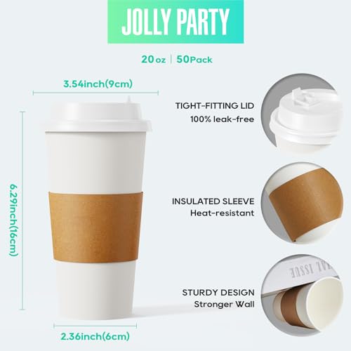 50 Pack 20 oz Disposable Paper Coffee Cups with Lids & Sleeves (50 Count)