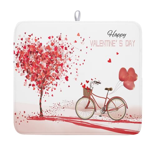Romantic Valentine's Day Dish Drying Mat for Kitchen Valentines Bike and Tree Dish Drying Pad 18x16 Absorbent Reversible Happy Valentine Dishes Drainer Pad Holiday Dish Drying Rack Mat for Countertop