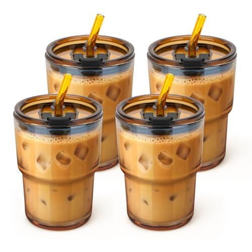 13 oz Glass Tumbler with Glass Straw and Lid (4 Count)