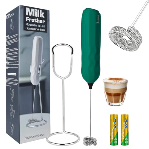 Ultra Fast Handheld Milk Frother Double Whisk with Stand 2 Batteries Stainless Steel for Lattes Cappuccino Matcha Hot Chocolate Coffee Bar Accessories Kitchen Gadgets Gift